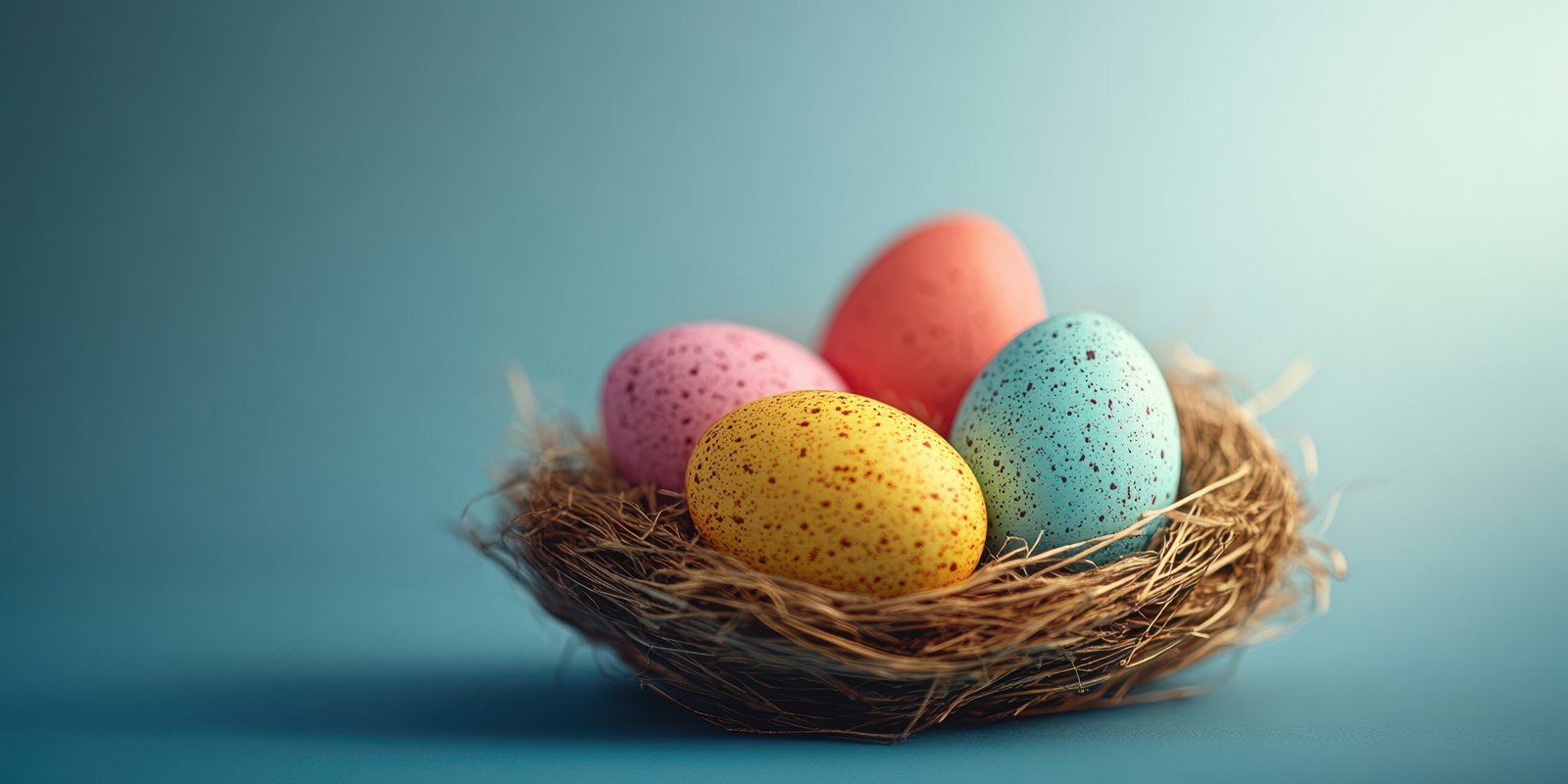 Colorful Easter eggs arranged in a woven nest on a light blue background